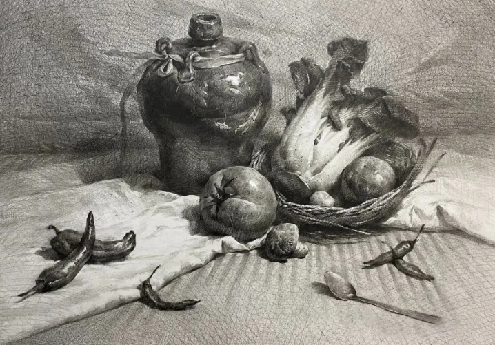 静物素描：陶瓷酒罐和青菜等蔬菜类组合步骤详解