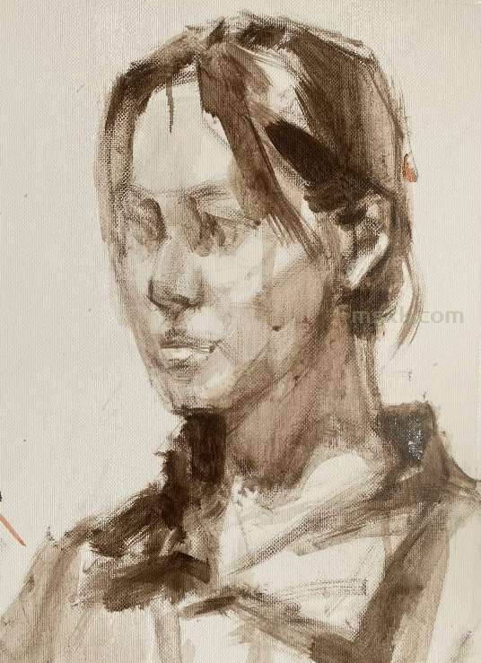 四分之三面色彩头像女青年照片对画